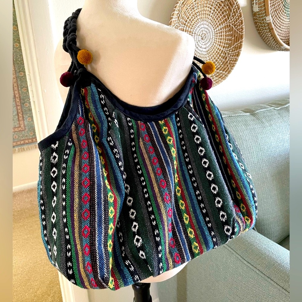 Thai Knit Boho Hobo Bag with Pom Poms